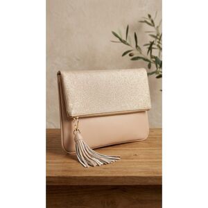 Who What Wear Beige Foldover Clutch – Two-Tone Shimmer with Tassel Detail
